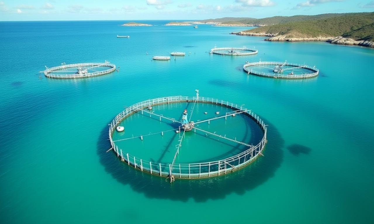 Vista aérea de una moderna granja de acuicultura en aguas limpias